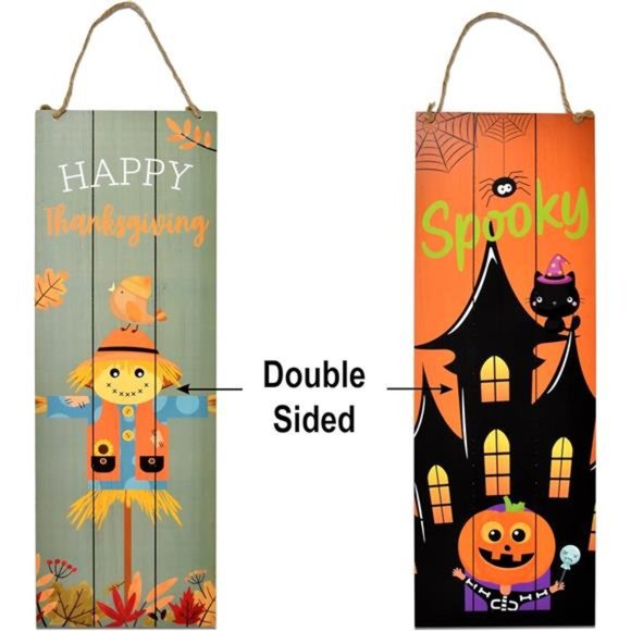 Thanksgiving Fall Welcome Sign Set of 2 Hanging Wood Double Sided 17"x 6" - Picture 6 of 7
